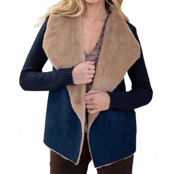 LOVESTITCH Sweaters - NEW LOVESTITCH vegan suede fur combo short cardigan in navy/camel